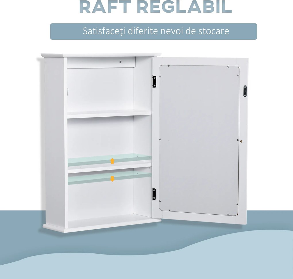 kleankin Dulap de Baie cu Oglindă – Dulap cu Oglindă – Dulap pentru WC – 1 Ușă, 2 Rafturi – MDF Alb și Sticlă | Aosom Romania