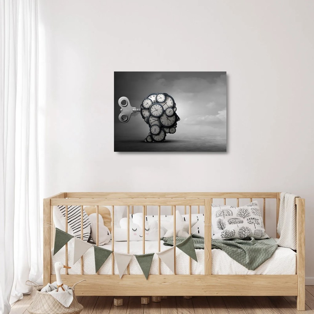 Tablou pe sticlă artistic cu cu cap și ceas (70x50 cm)