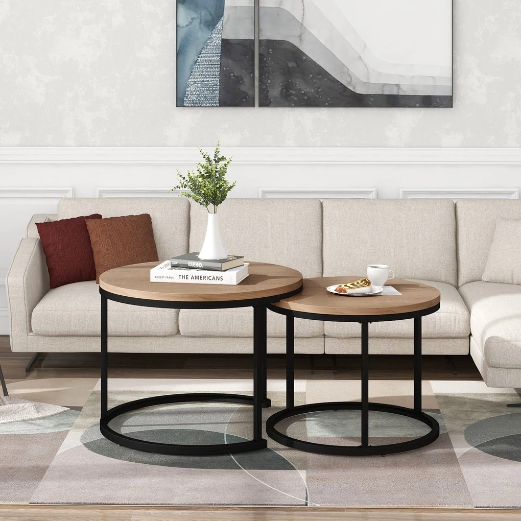 Set de 2 Măsuțe de Cafea Rotunde, Măsuțe Suprapozabile din MDF cu Structură din Metal, Design Economisire Spațiu, Masă Mare: 50 x 70,5 cm, Masă Mică: 45,5 x 44 cm, Naturale