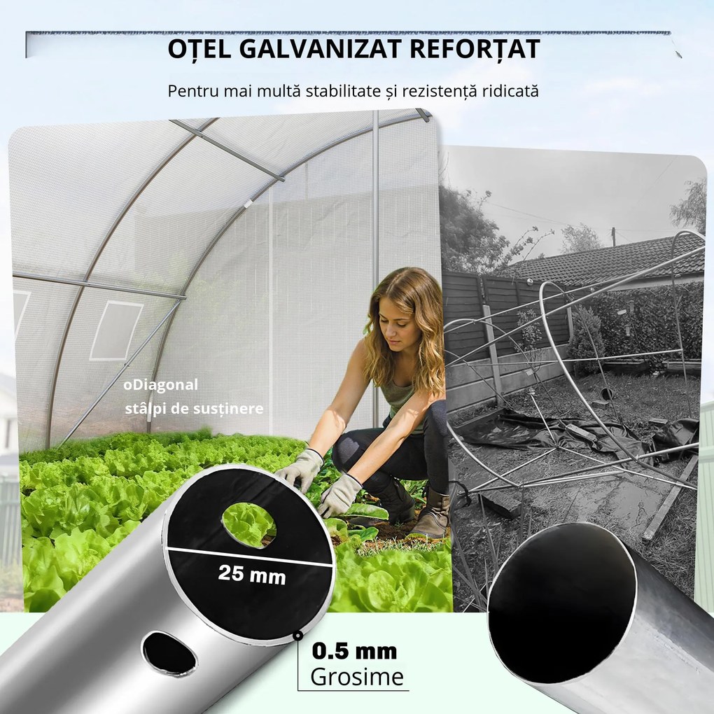 Outsunny Seră tunel cu 2 bare de susținere, 2 uși rulante și ferestre cu plasă, învelitoare din PE anti-UV, alb | Aosom Romania