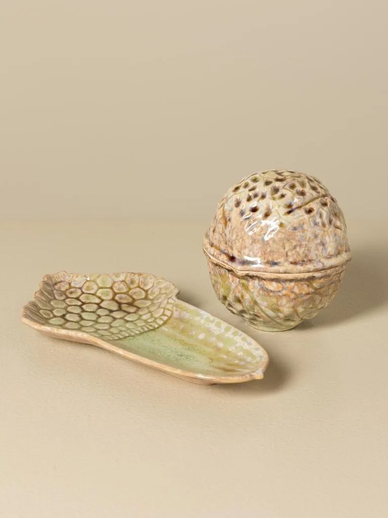Set 2 recipiente decorative din ceramică artizanală natur, formă de nucă și ghindă, 13 × 21,5 × 11,5 cm, „Acorn"