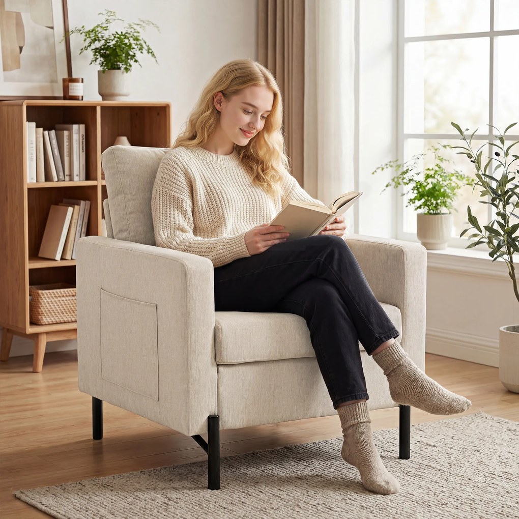 HOMCOM Fotoliu de salon, canapea 1 loc căptușită cu cotieră, șezut lat și picioare din oțel, 73 x 77 x 87 cm, bej | Aosom Romania