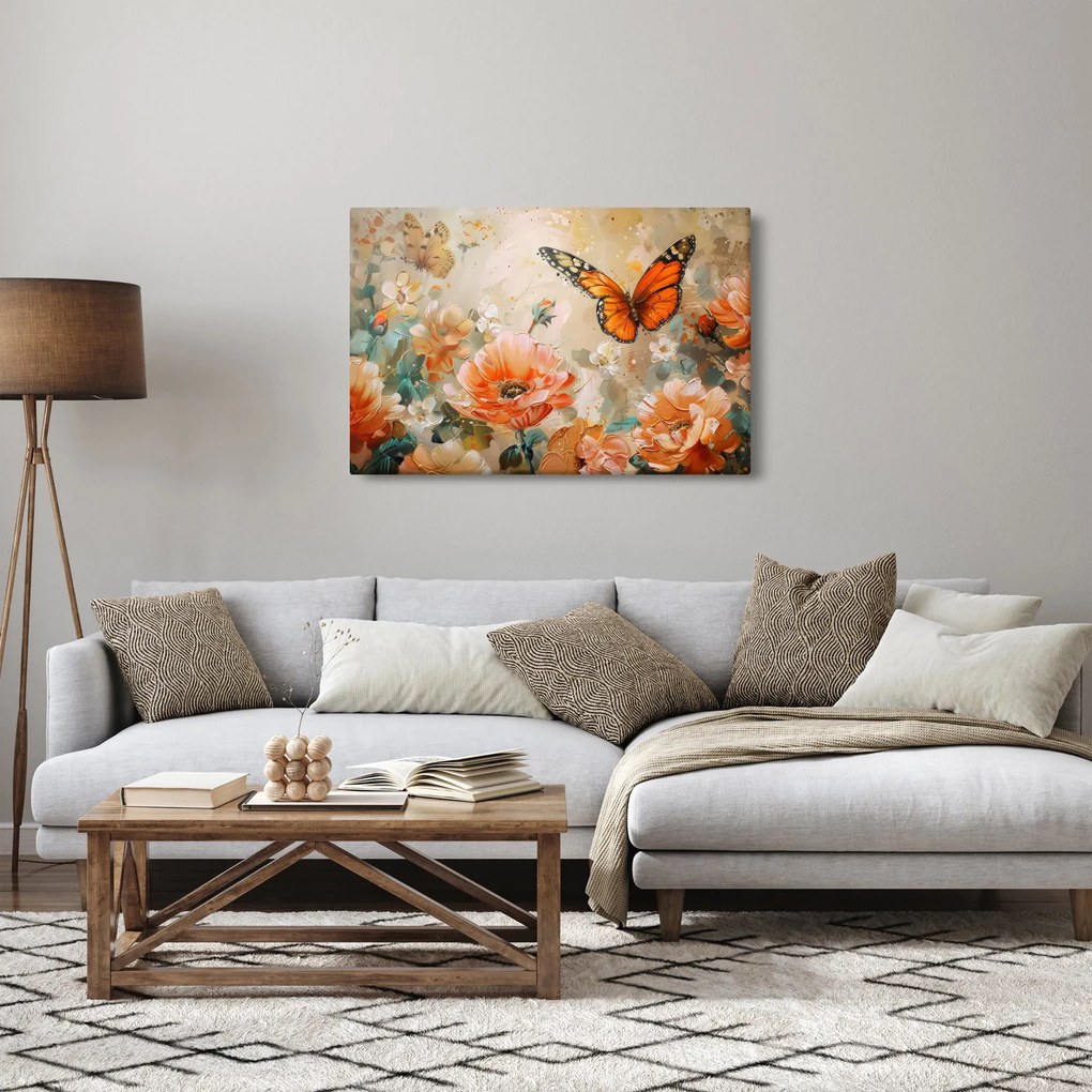 Tablou - Fluture și flori, pictură în ulei (90x60 cm)
