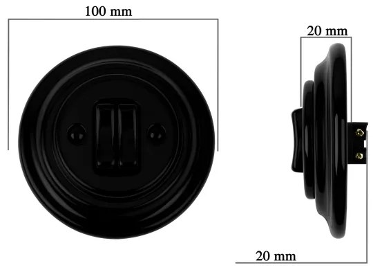 Bohemia-Design - Întrerupător dublu retro din porțelan cu ramă, nr. 6+6, negru