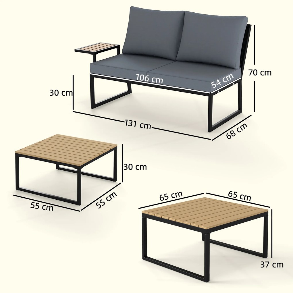 Outsunny Set mobilier de grădină în formă L, cadru metalic, pentru 4 persoane, lounge cu canapea 2 locuri și perne, 2 măsuțe suprapuse, Teak | Aosom Romania