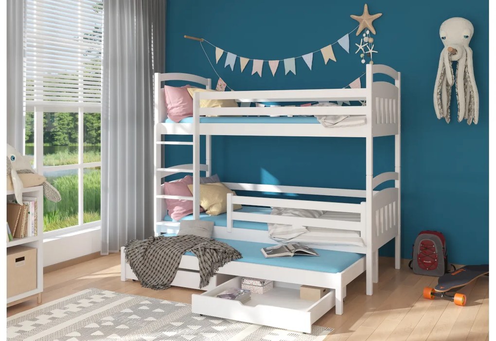 Expedo Pat supraetajat pentru copii SALDO + 3x saltea, 90x200/90x190, alb