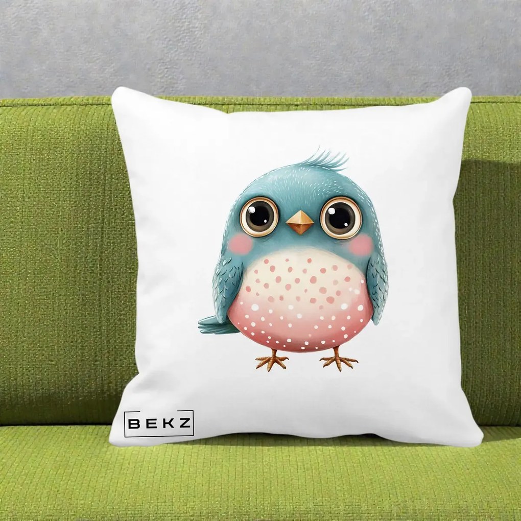 Perna Decorativa Pasare Teal-Roz cu Pete, 40x40 cm, Alba Mata, Husa Detasabila, Perna Inclusa, BEKZ®