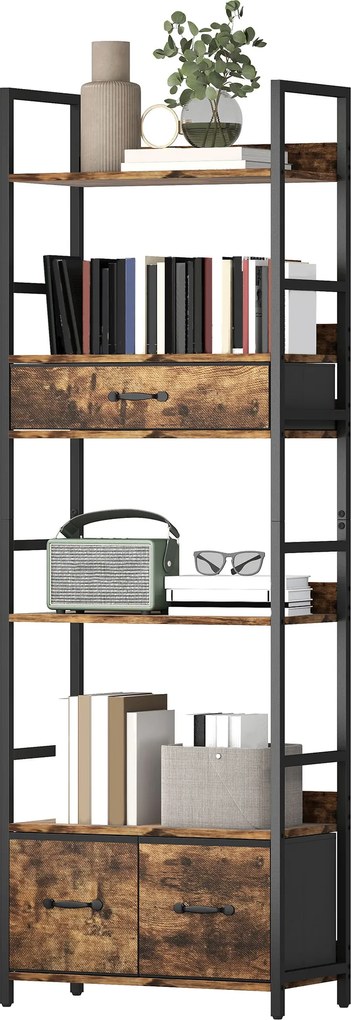 HOMCOM Bibliotecă raft de depozitare cu 6 niveluri cu 4 rafturi, 3 sertare din material textil, 60x30x176cm, maro rustic | Aosom Romania
