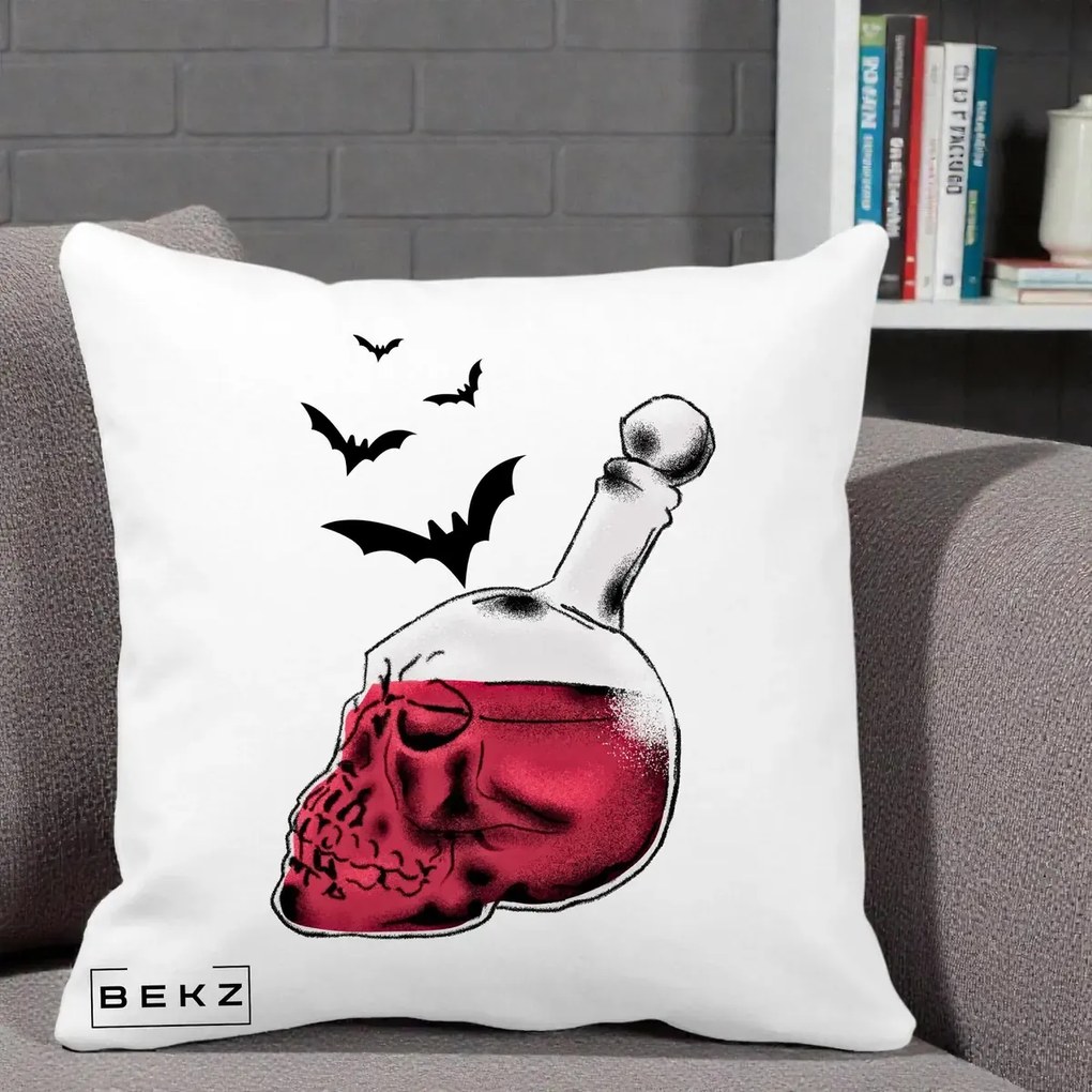 Perna Decorativa Halloween Craniu-Sticla cu Lilieci, 40x40 cm, Alba Mata, Husa Detasabila, Perna Inclusa, BEKZ®