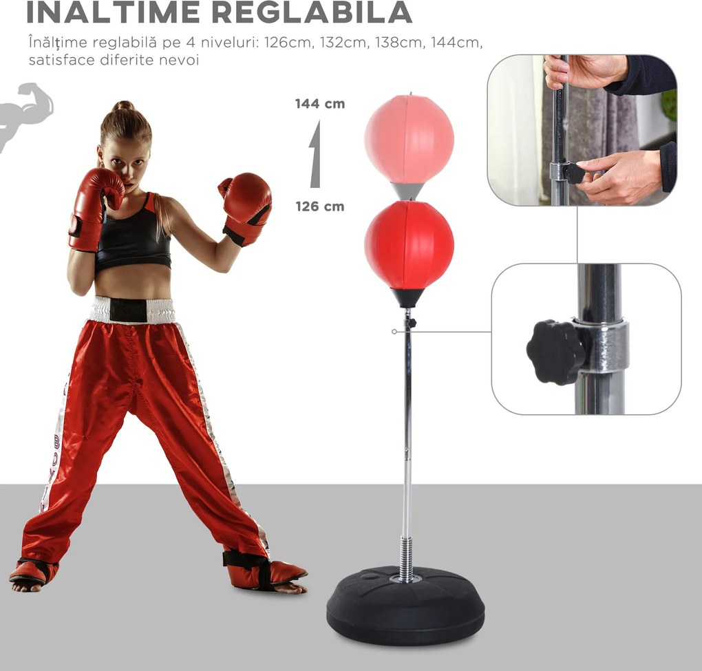HOMCOM Sac de Box de Podea cu Înălțime Reglabilă, Mănuși de Box și Bază Umplută, 43x43x126-144 cm, Roșu | Aosom Romania