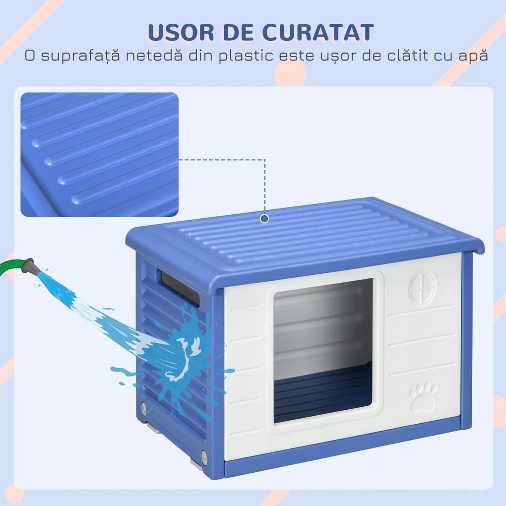 PawHut Cușcă Ridicată pentru Câini de Talie Mică cu Intrare și 2 Deschideri Laterale, Cușcă de Exterior Antiderapantă din Polietilenă, Ușor de Curățat, 60x42x40 cm, Albastru și Alb | Aosom Romania