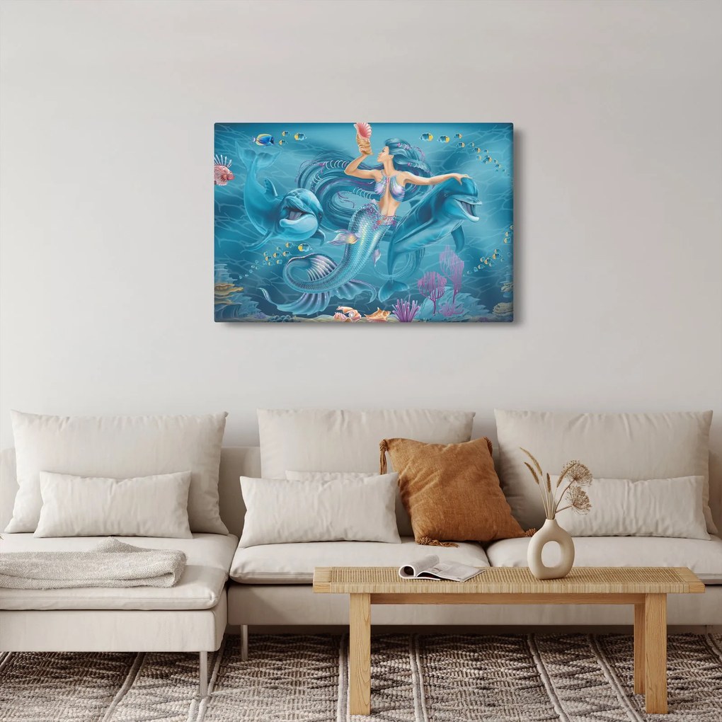 Tablou - Sirenă cu delfini (90x60 cm)