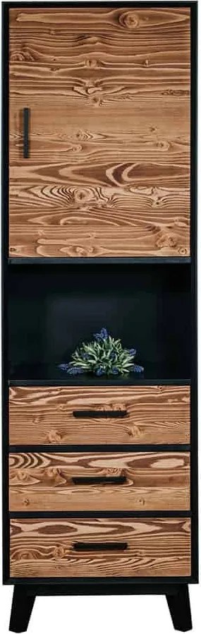 Vitrină lemn masiv Timeless 3 Sertare 1 Ușă 1 Nișă Negru, 55 × 45 × 190 cm - Usă de sticlă
