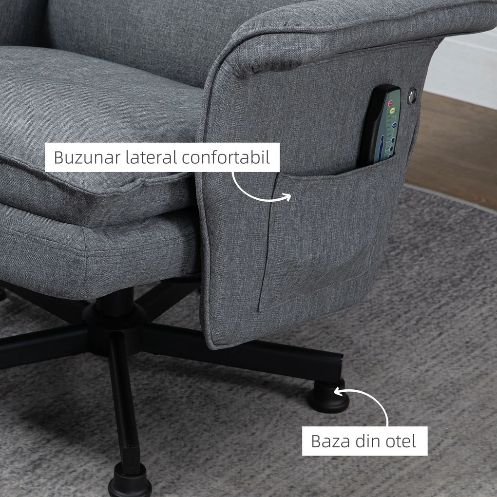 HOMCOM Fotoliu Pivotant cu Suport pentru Picioare, Fotoliu de Masaj Tapitat cu Telecomandă, Cronometru și Bază din Oțel, Gri | Aosom Romania