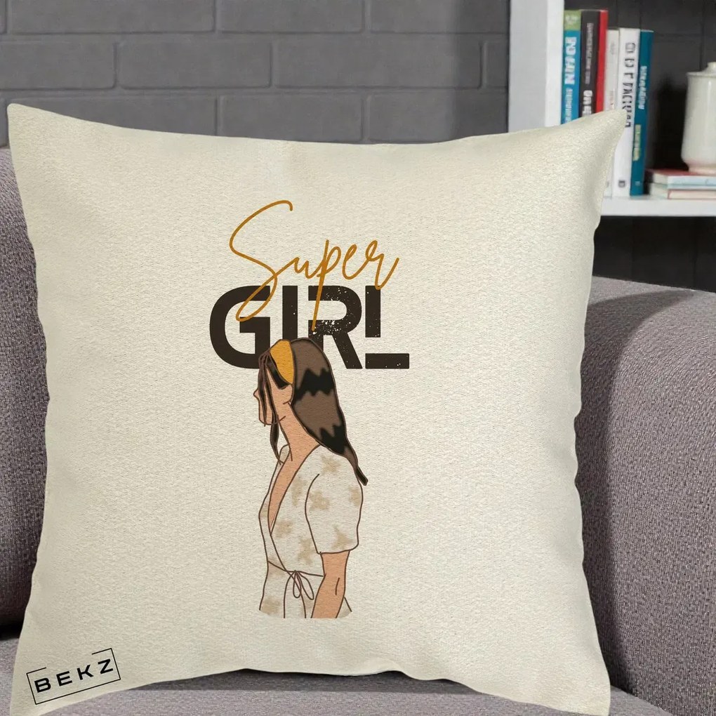 Perna Decorativa Super Girl Aesthetic, 40x40 cm, Ecru, Husa Detasabila, Perna Inclusa, BEKZ®