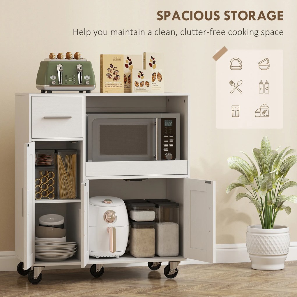 HOMCOM Dulap pentru cuptorul cu microunde din lemn, cu sertar, 2 dulapuri, raft deschis și blat ajustabil, 80x40x88.7 cm, alb | Aosom Romania