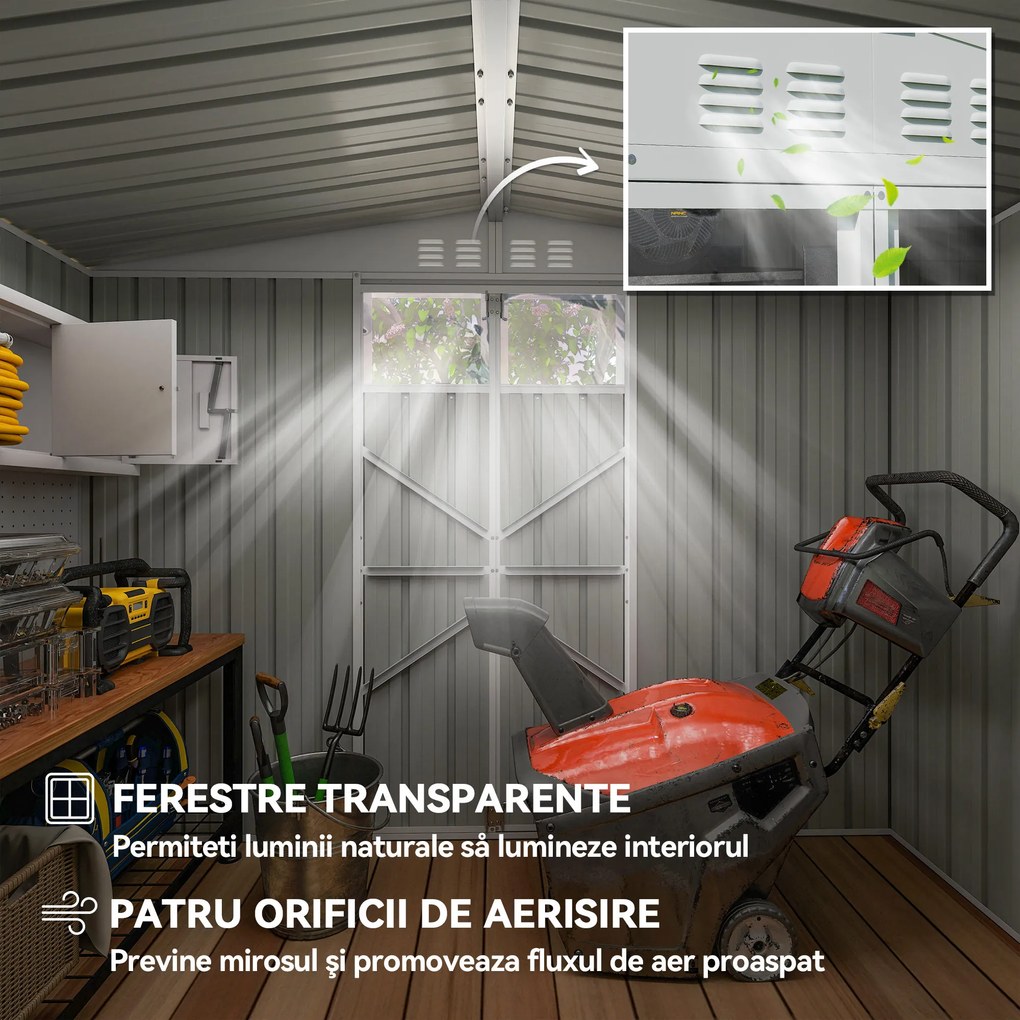 Outsunny Șopron de Grădină cu 4 Guri de Ventilație, 2 Ferestre și Acoperiș Înclinat, 246x117x161/180 cm, Gri Închis | Aosom Romania