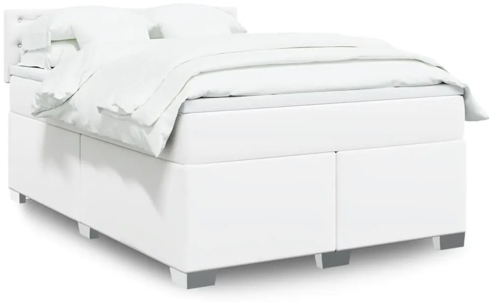 vidaXL Pat box spring cu saltea, alb, 140x190 cm, piele ecologică