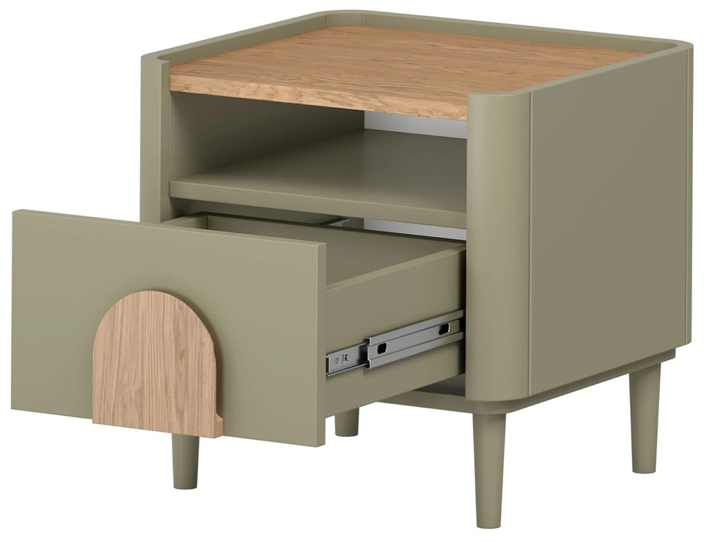 Noptieră Amilio cu sertar 50 cm pe picioare - eucalipt / stejar baltic dune / mânere stejar natural