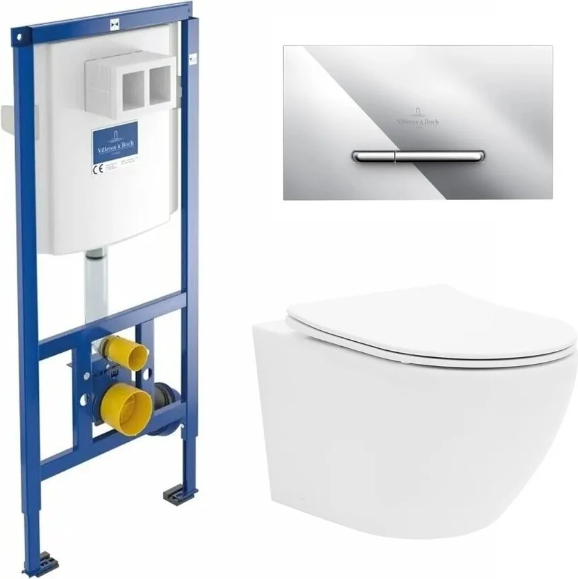 Rezervor WC cu cadru incastrat Villeroy&Boch 112 cm cu clapeta ViConnect crom plus vas WC Rune Ivaldi alb cu capac softclose