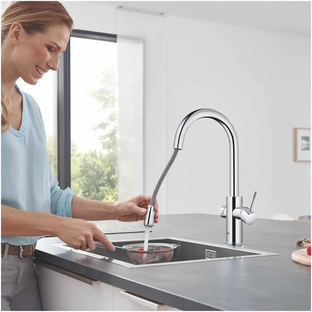 Baterie bucatarie Grohe Blue Home Duo, cu dus extractibil, pipa C, sistem filtrare, racire si carbonatare, starter kit, crom - 31541000