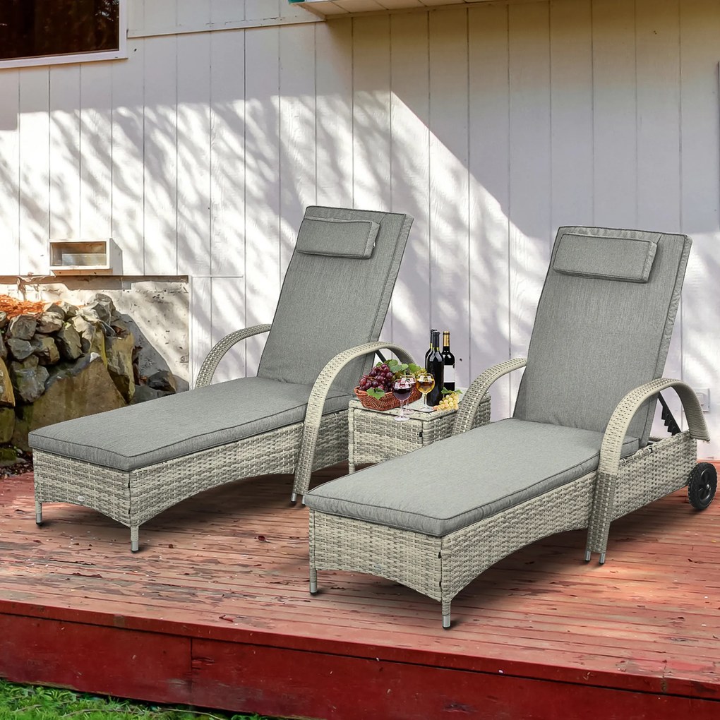 Outsunny Șezlong de grădină masă 3 piese Set de mobilier din Poliratan+Metal Gri | Aosom Romania