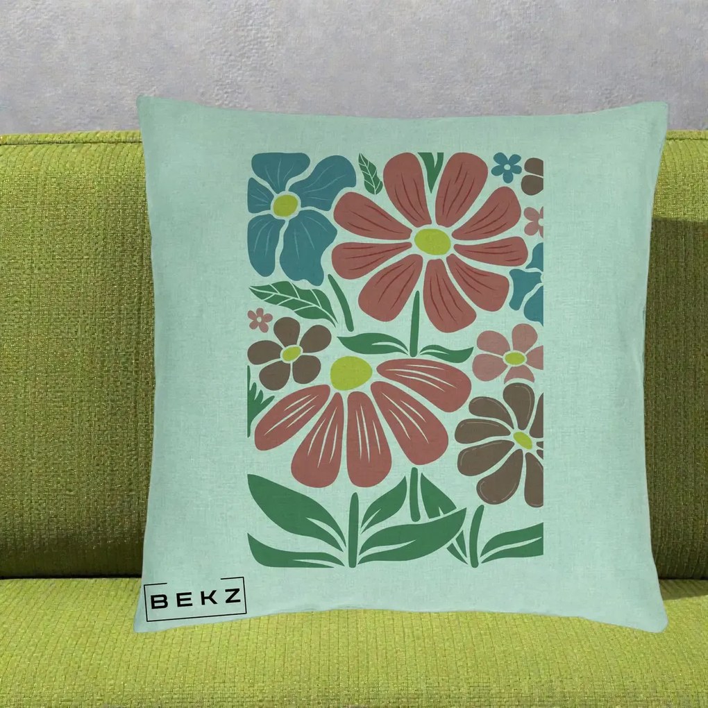 Perna Decorativa Flori Grafice Colorate Retro, 40x40 cm, Verde Menta, Husa Detasabila, Perna Inclusa, BEKZ®