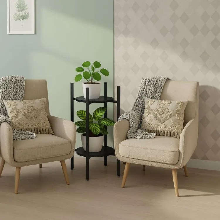 Suport pentru flori Loft - raft cu 2 etaje cu rafturi negre rotunde