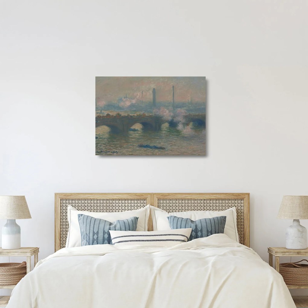 Tablou pe sticlă - Claude Monet, Waterloo Bridge, Gray Day, reproducere (70x50 cm)