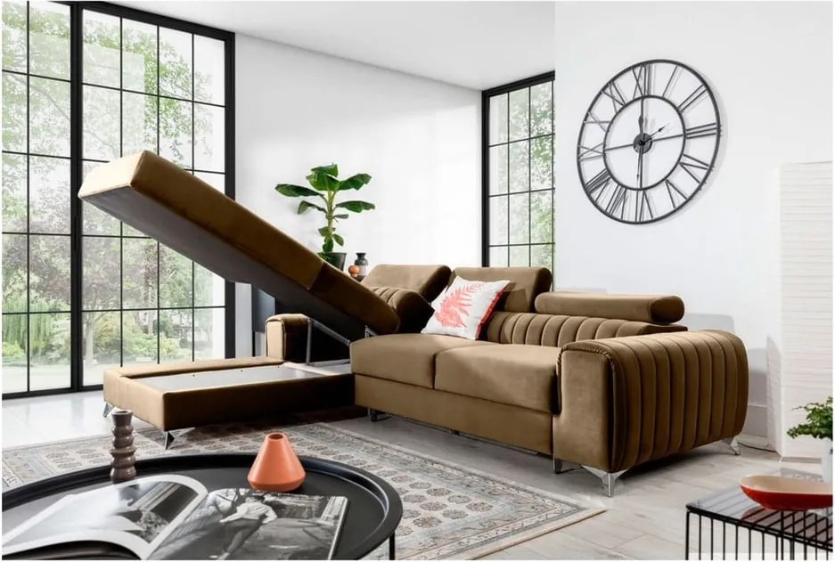 Colțar maro deschis extensibil/cu spațiu de depozitare cu tapițerie din catifea (cu colț pe partea stângă/cu șezlong) Grayson – ELTAP