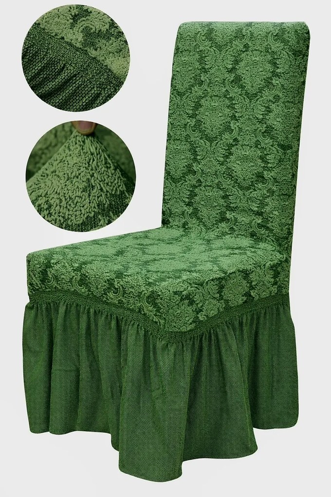 Set 6 huse elastice pentru scaune, cu volanas, model Jacquard Verde