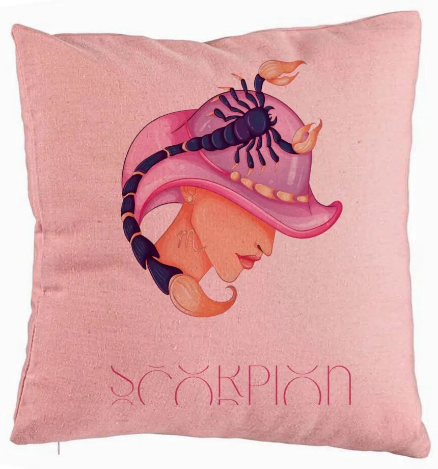 Perna Decorativa, Model Zodia Scorpion, 40x40 cm, Roz, Husa Detasabila, Burduf