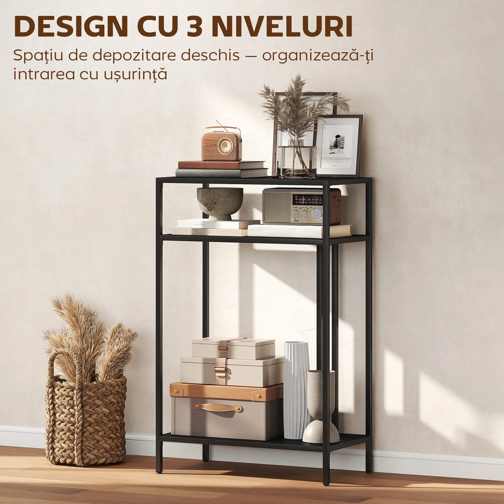 HOMCOM Consolă cu Rafturi Deschise pe 3 Niveluri, din Oțel, 55x30x85 cm, Negru | Aosom Romania