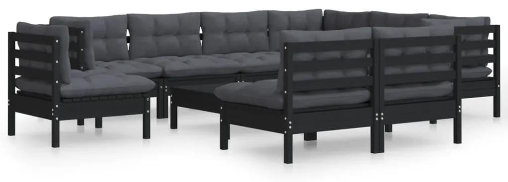 Set mobilier gradina cu perne, 10 piese, negru, lemn masiv pin Negru, 10