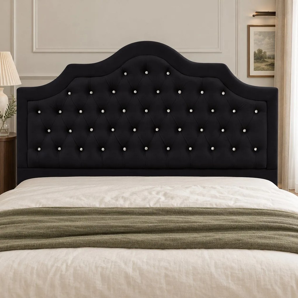 Pat tapițat Chesterfield din catifea Imperio Deluxe 160×200 cm, negru, cu ladă de depozitare
