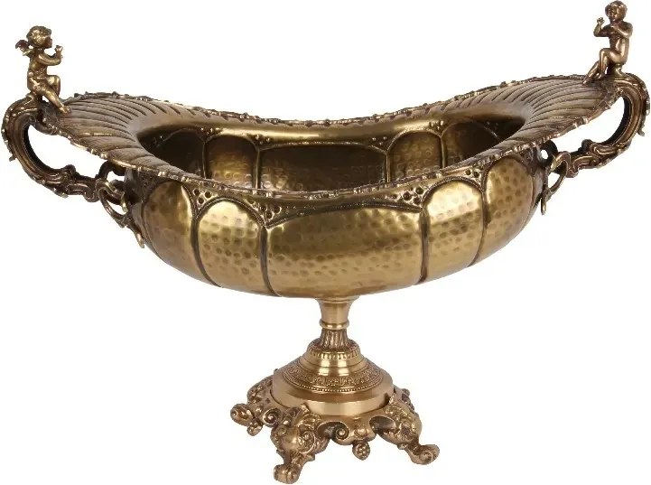 Bol de servire oval din alamă lucrată manual, auriu, pe picior, cu mânere cu îngeri, centru de masă monumental, finisaj periat, 52 x 75 x 41 cm,