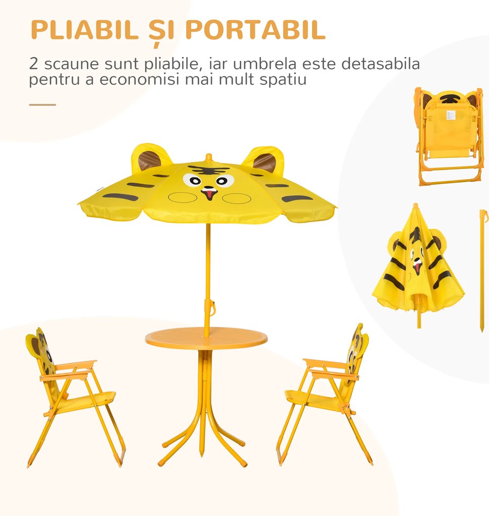 Outsunny Set de Grădină 4 Piese pentru Copii cu Model Tigru și Măsuță Rotundă, 2 Scaune Pliabile și o Umbrelă Reglabilă, Măsuță cu Scaune pentru Copii 3-6 Ani de Exterior, Galben | Aosom Romania