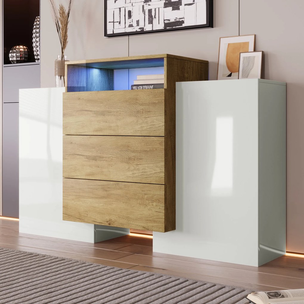 Comodă Modernă cu LED Multicolor, Alb+Culoare naturală | Aosom Romania
