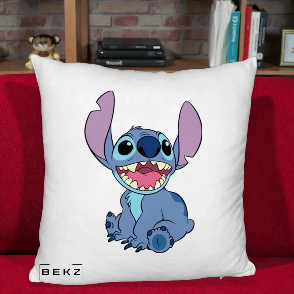 Perna Personalizata Stitch Zambitor, 40x40 cm, Alb Pufos, Husa Detasabila, Perna Inclusa, BEKZ®