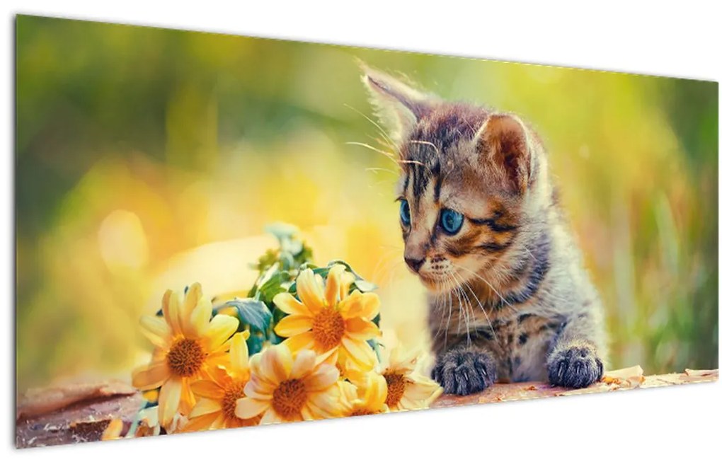Tablou cu pisicuța uitându-se la floare (120x50 cm)