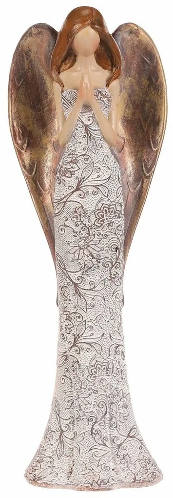 Înger din poliresină cu rochie cu flori, bej-cupru