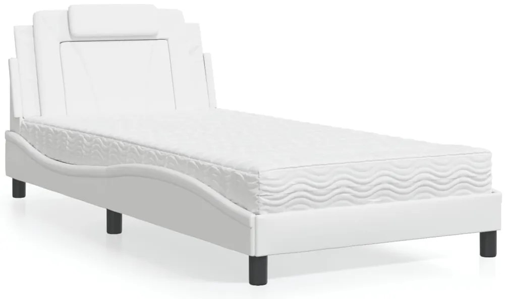 vidaXL Pat cu saltea, alb, 100x200 cm, piele ecologică
