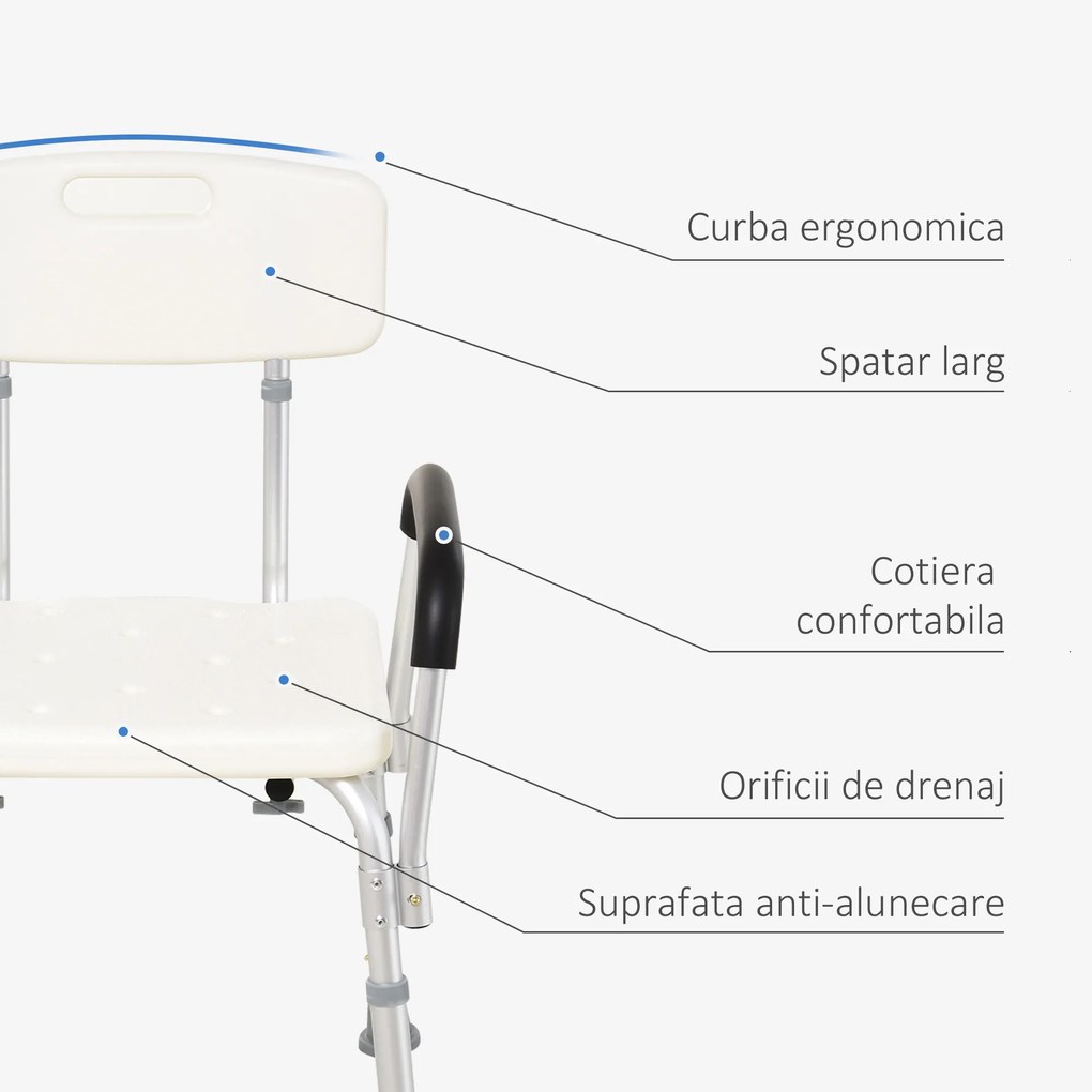 HOMCOM Scaun de Duș cu Spătar și Brațe, Reglabil pe Înălțime, 47x50x74-87 cm, Alb | Aosom Romania