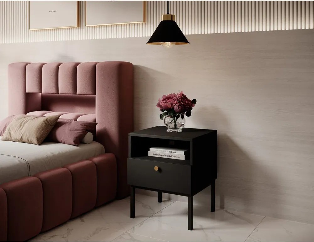 Pat roz tapițat cu spațiu de depozitare cu somieră 90x200 cm Lamica – ELTAP