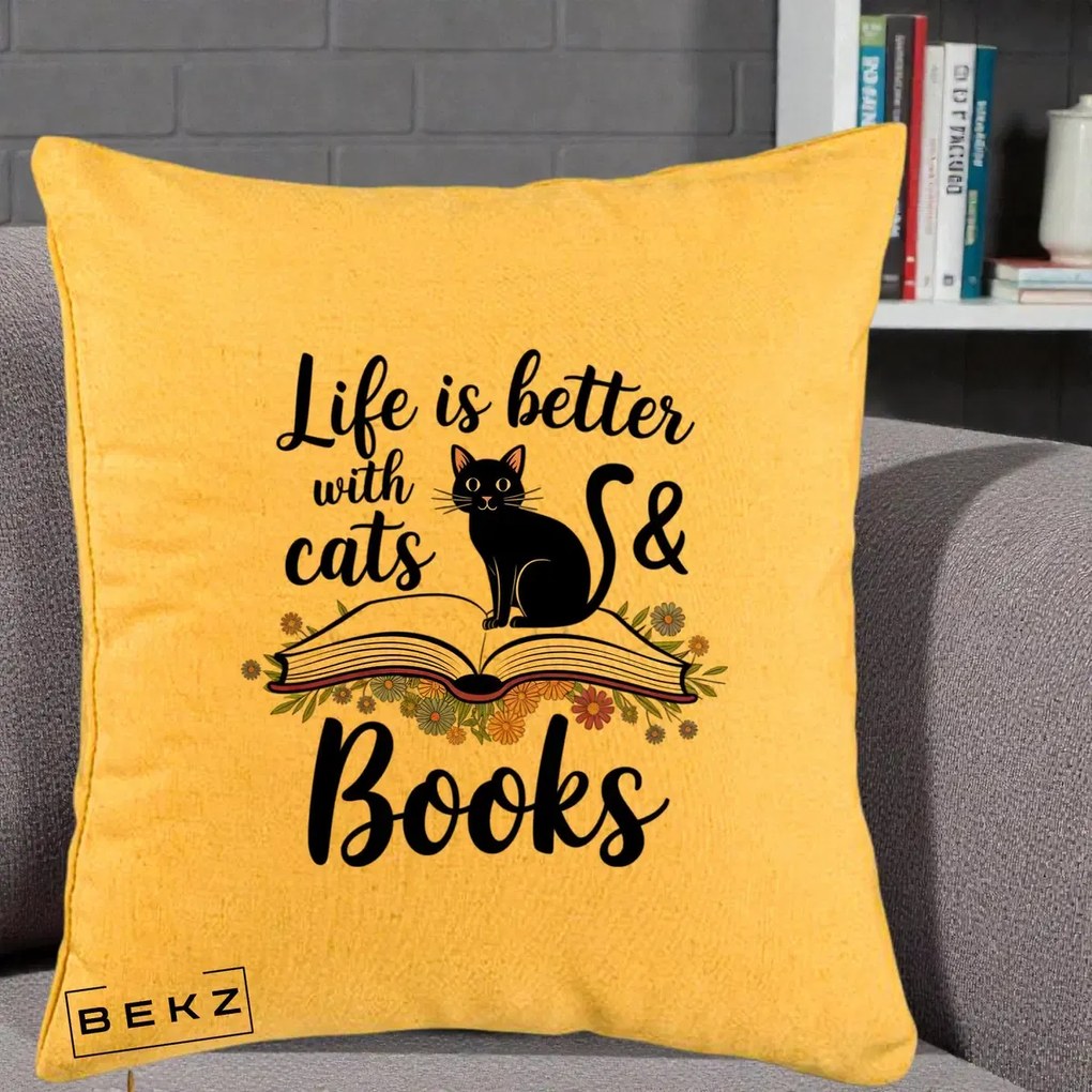 Perna Personalizata Life is Better Cats and Books, 40x40 cm, Galben, Husa Detasabila, Perna Inclusa, BEKZ®