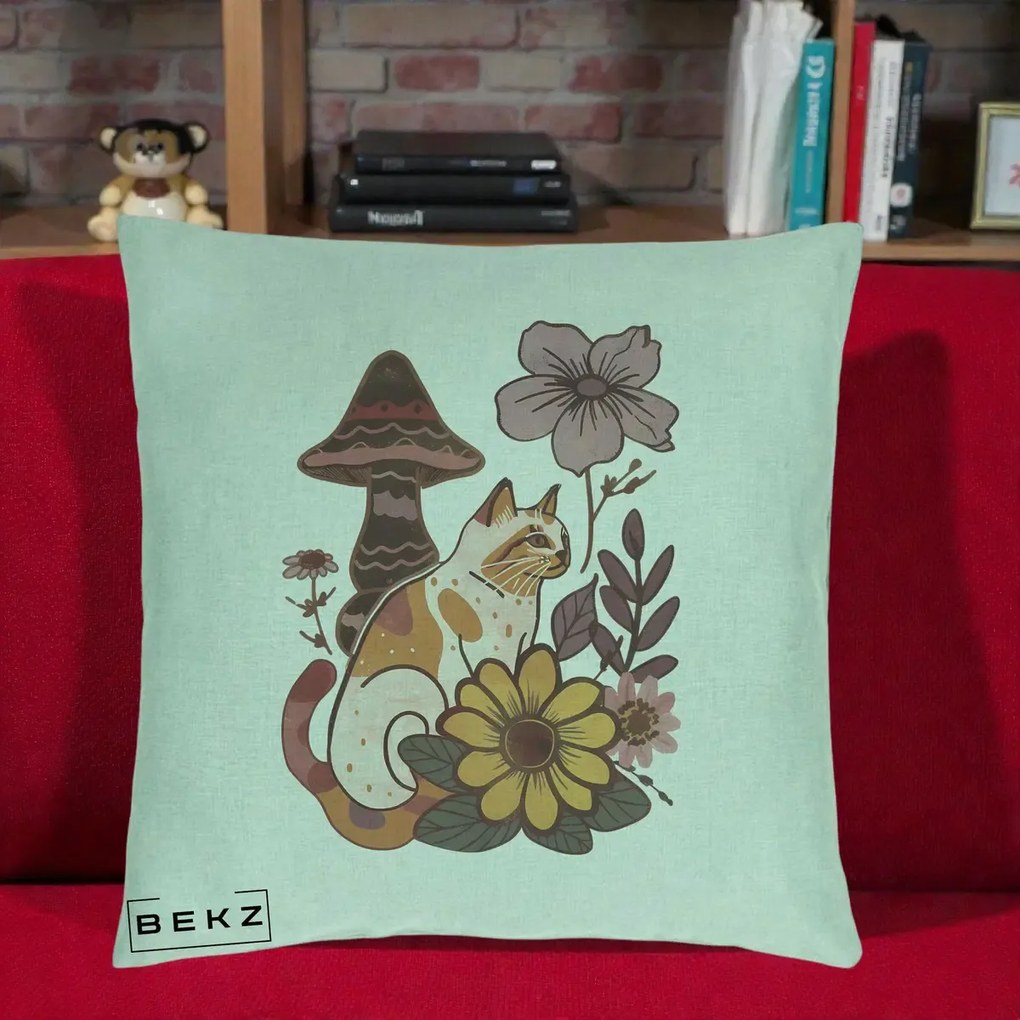 Perna Decorativa Pisica Vintage Florala Boho, 40x40 cm, Verde Menta, Husa Detasabila, Perna Inclusa, BEKZ®