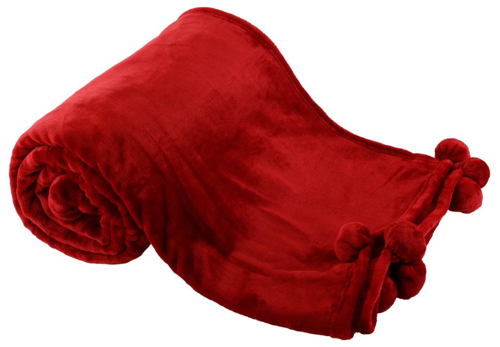 TEMPO-KONDELA LUANG, pătură de pluş cu pompoane, vişiniu, 150x200 cm