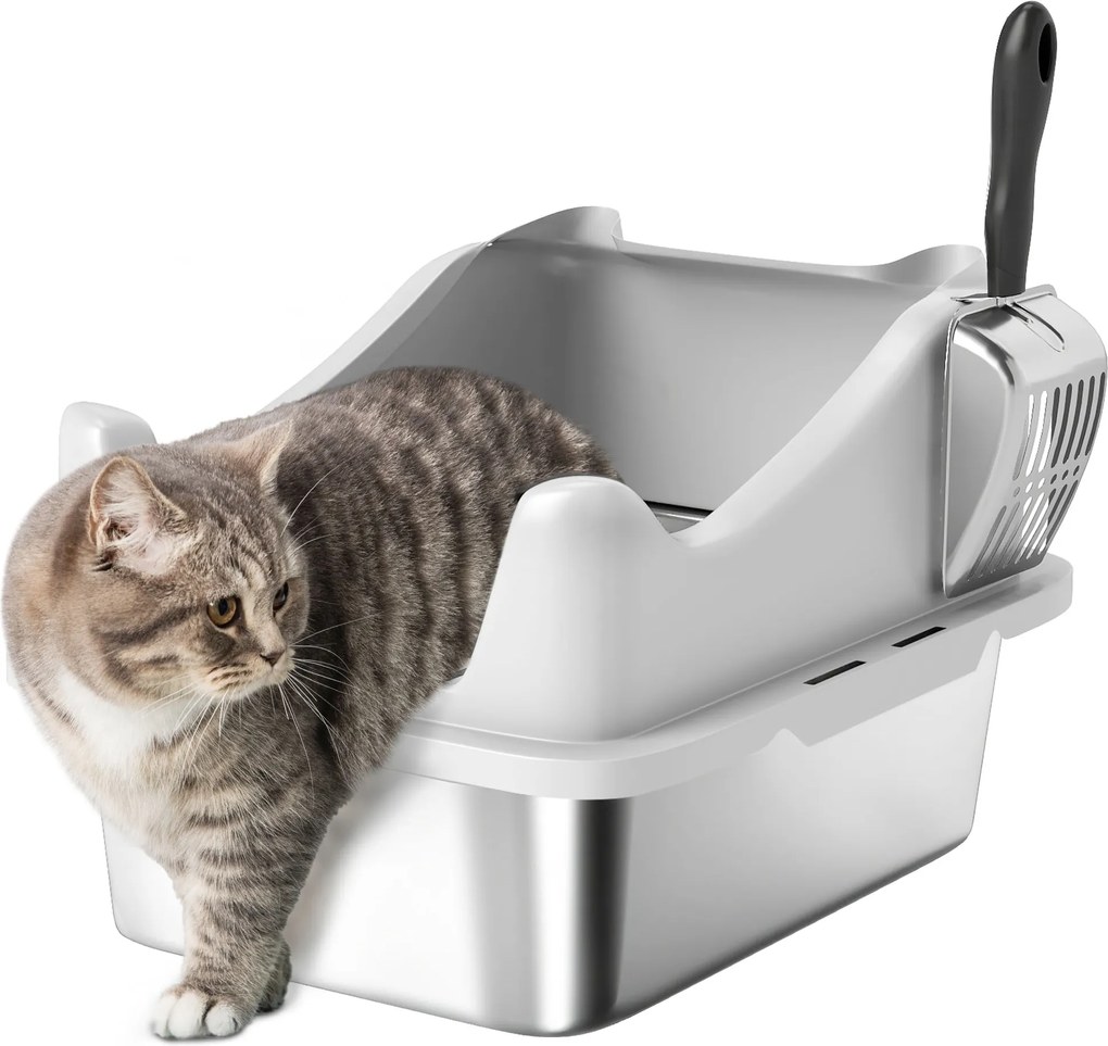 PawHut Litieră din oțel inoxidabil, toaletă pentru pisici, margini înalte, curățare ușoară, 43,1x33,2x25,4cm, gri | Aosom Romania