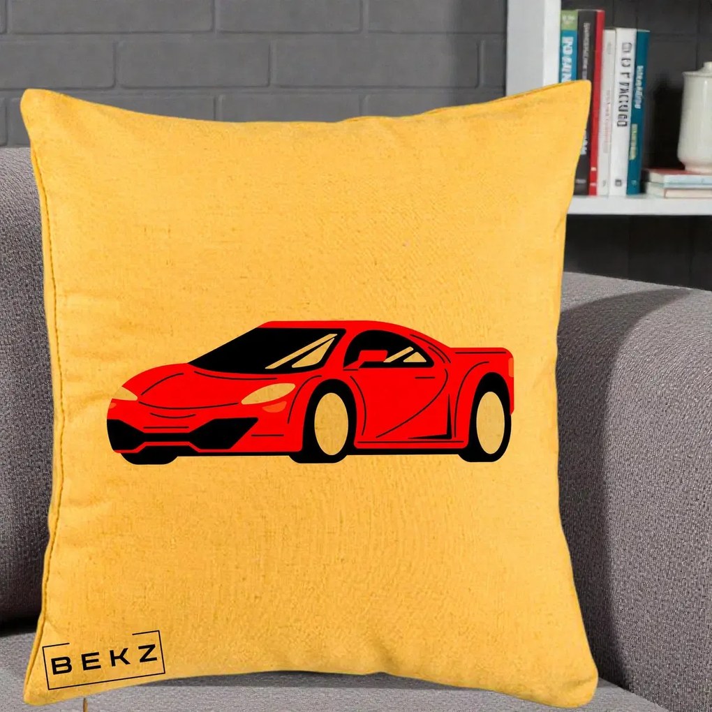 Perna Personalizata Masina Sport Rosie Grafic, 40x40 cm, Galben, Husa Detasabila, Perna Inclusa, BEKZ®