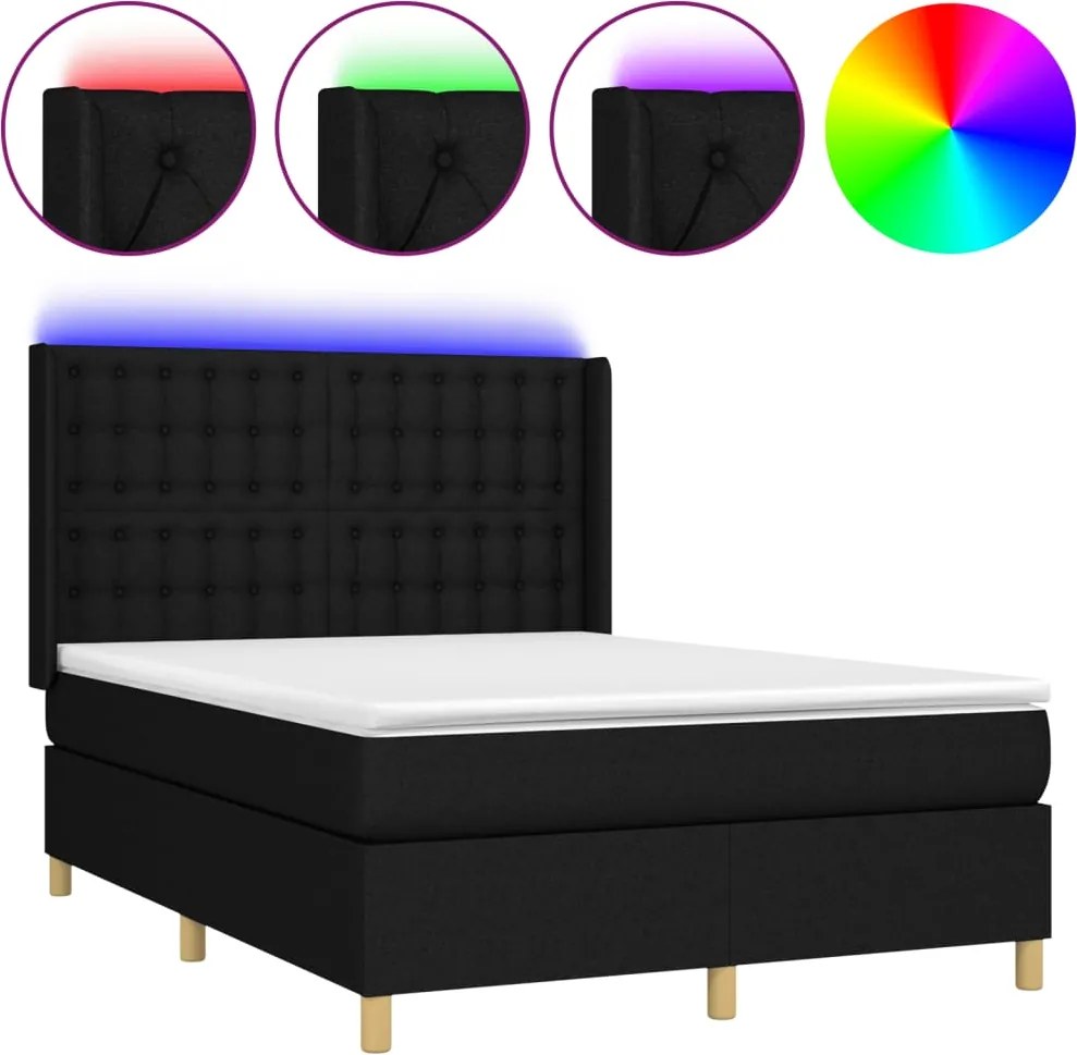 vidaXL Pat cu arcuri, saltea și LED, negru, 140x190 cm, textil